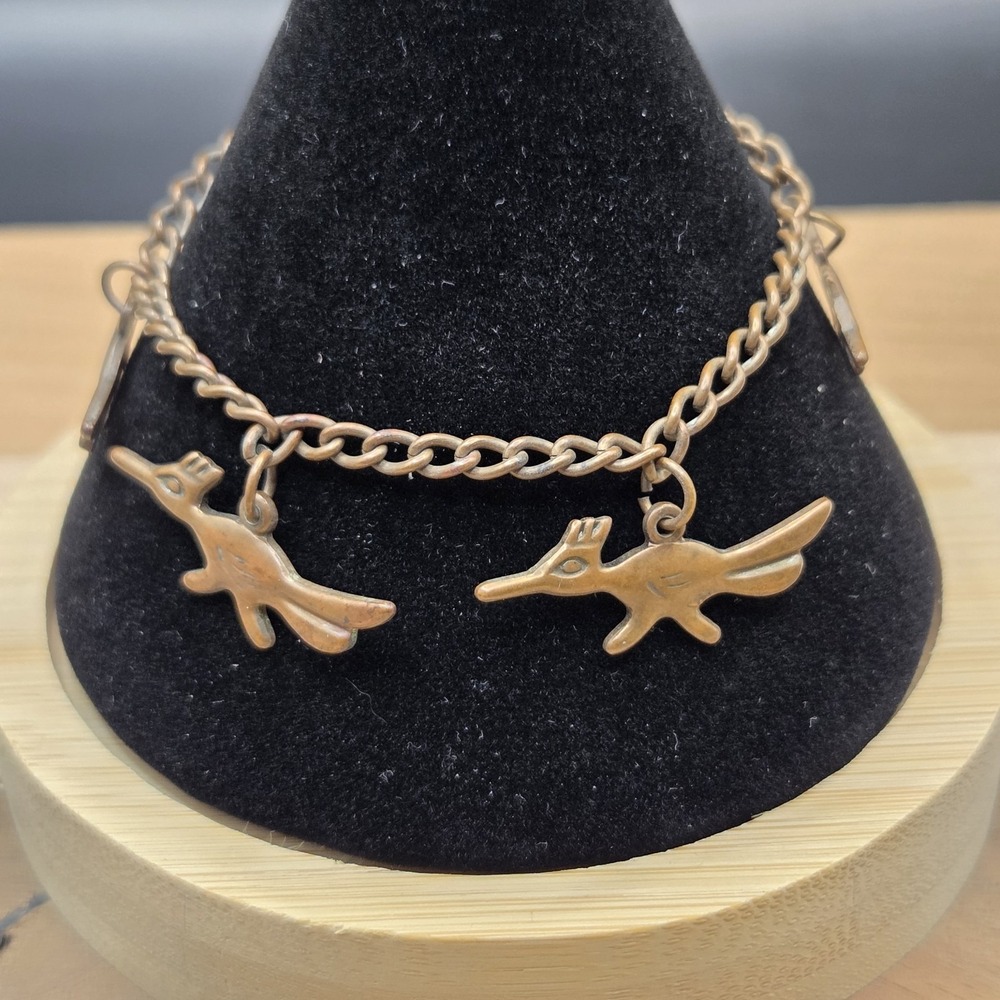 Ornate Vintage Genuine Solid Copper Roadrunner Charm  Bracelet